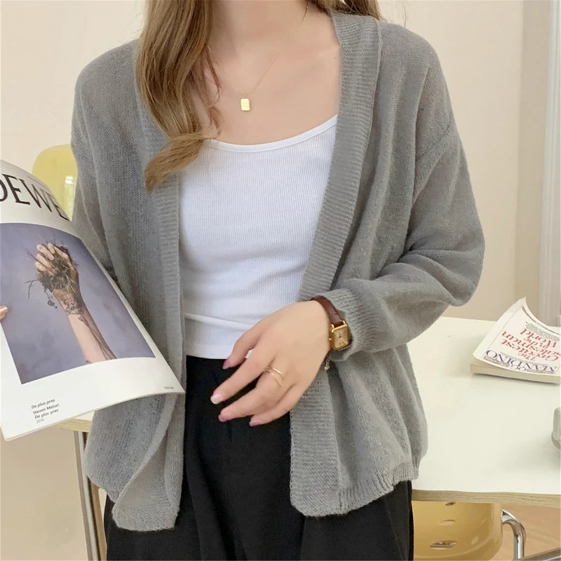 2025 Korean Style Women Long Sleeve Elegant Cardigan Sweater Autumn Solid Color Knitted Top Casual Knitwear