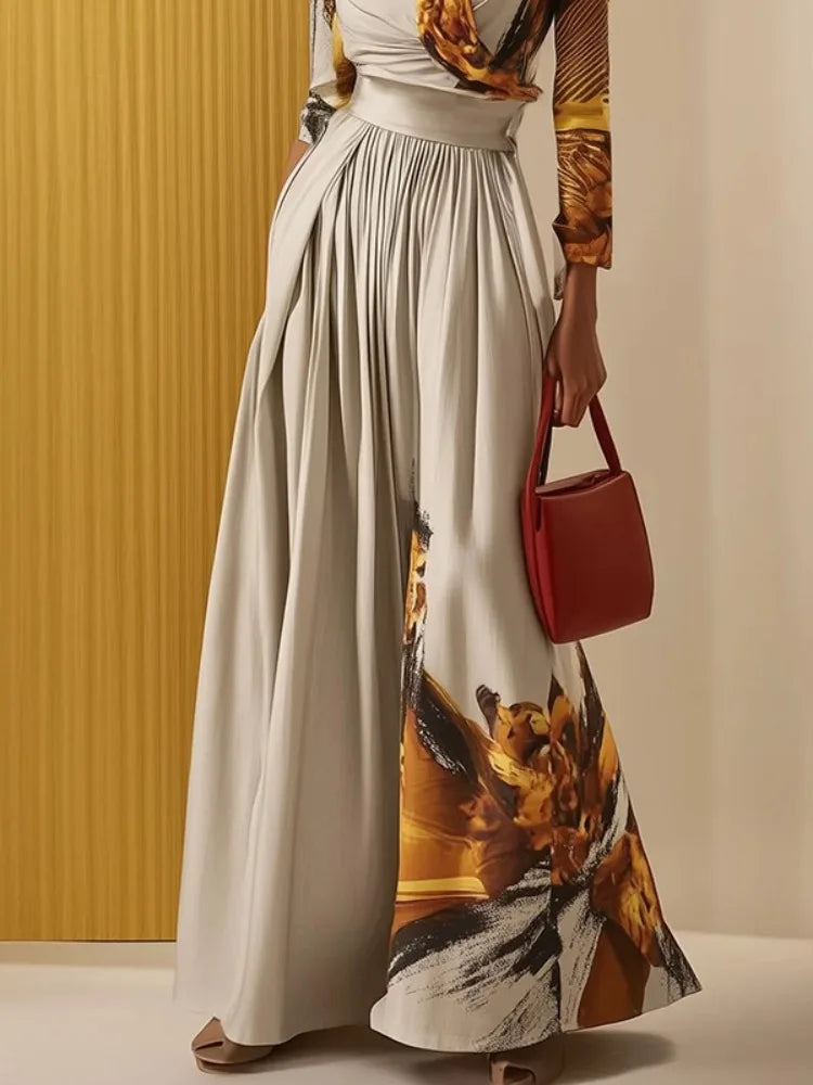 Women's Printed Slim Fit Jumpsuit V-neck Long Sleeves High Waist Wide Leg Coverall Elegant Commuter Outfit for Office Ladies