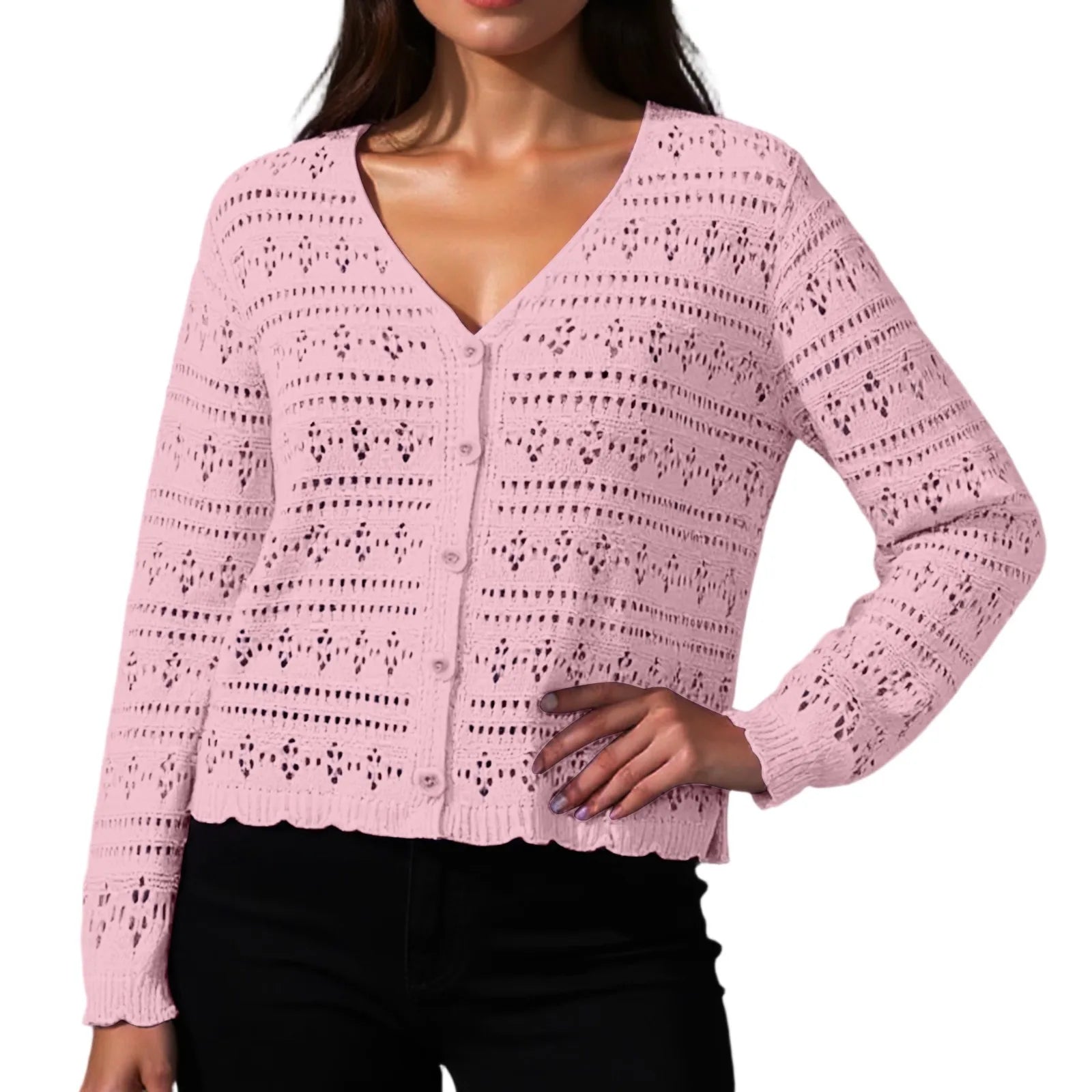 Women Fashion V-neck Knitted Cardigan Spring Autumn Versatile Solid Color Hollow Out Top Ladies Loose Long Sleeved Cardigan Tops