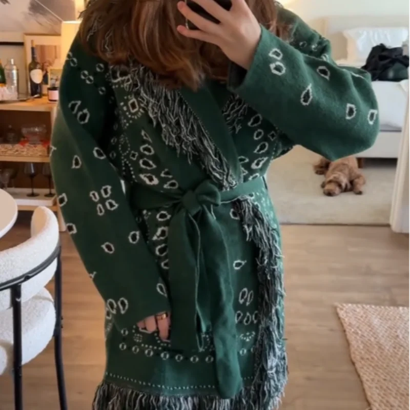 Tassel Patchwork Printed Cardigan Women Geometric Patterns Belts V-neck Long Sleeve Knitted Street Lady Sweater 2025 Autumn Coat