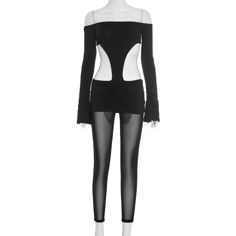 Women Sexy See Through Mesh Patchwork Skinny Jumpsuits Slash Neck Off Shoulder Flare Long Sleeve Backless Ruched Club Overalls