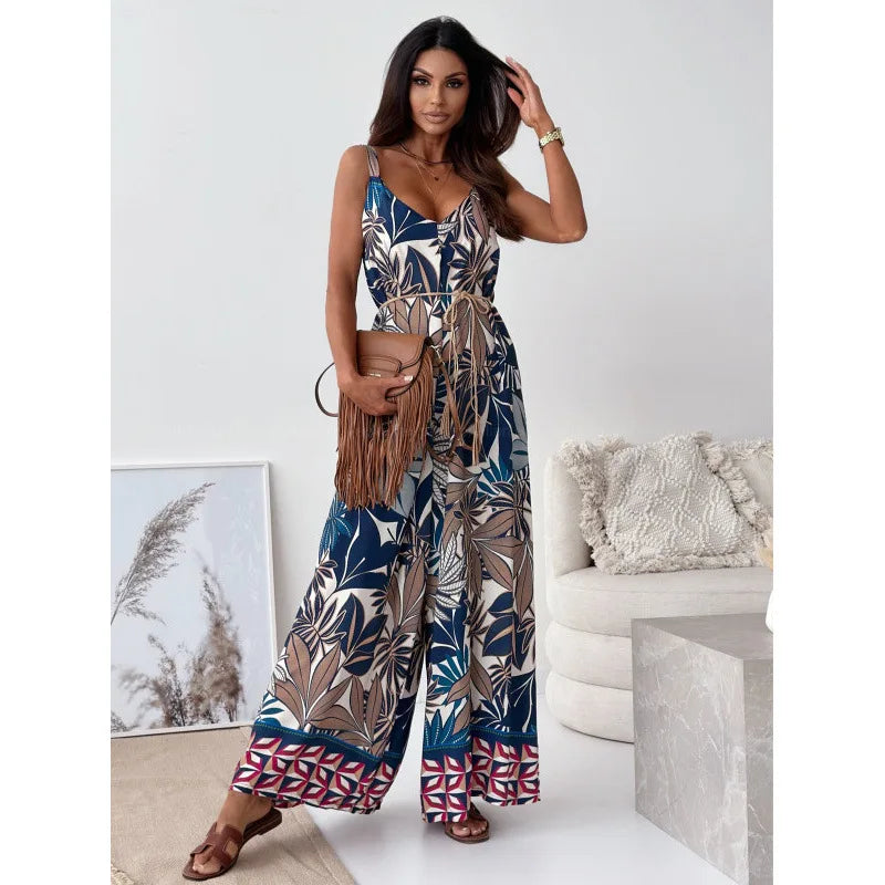 Elegan V-neck High Waist Jumpsuit Women's Fashion Pattern Print Loose Long Romper Causal Sleeveless Wide Leg Playsuit Women