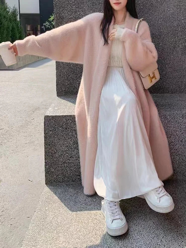 FSMG Elegant Solid Long Pure Imitation Mink Fleece Cardigans Women Knee Length Knitted Cashmere Sweater High Street Warm Coat