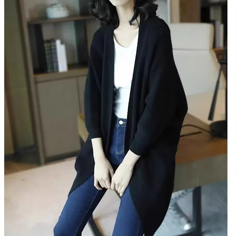 Women's Vintage Loose Casual Knitted Cardigan Autumn Winter Fashion Simple Solid Medium And Long Styles Sweaters Coat