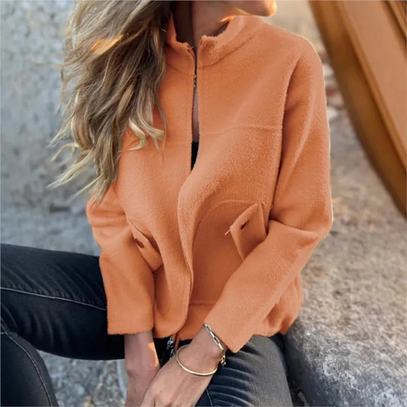 Lightweight Casual Zipper Cardigan Wool Jacket For Women's Autumn Stand Collar Tether Pocket Loose Versatile Female Wool Coat