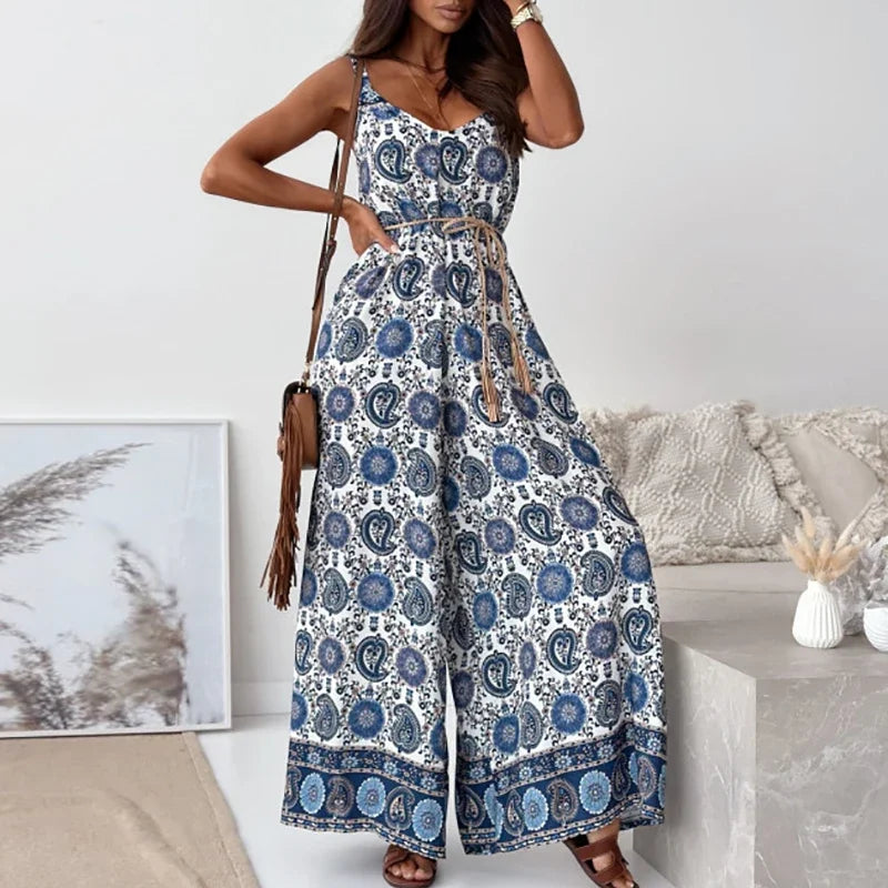 Elegan V-neck High Waist Jumpsuit Women's Fashion Pattern Print Loose Long Romper Causal Sleeveless Wide Leg Playsuit Women