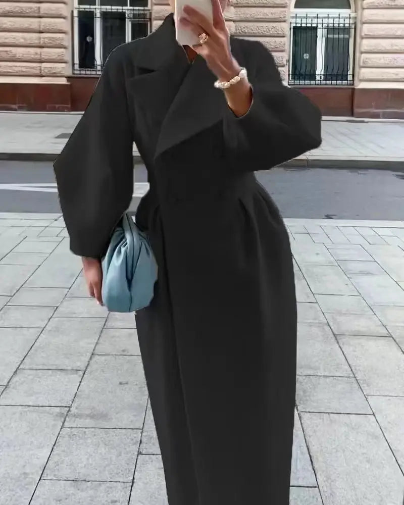 Autumn Lantern Sleeves Women Vintage Court Coat Lapel Double Row Button Office Women's Long Jacket Windbreaker Thick Street Coat