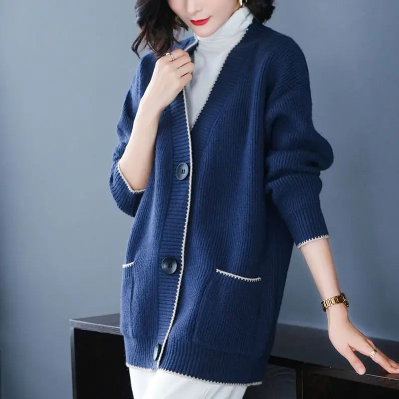 Solid Color Button All-match Sweaters Cardigan Women's Clothing Autumn Winter Korean Loose V-Neck Fashion Pockets Knitted Tops