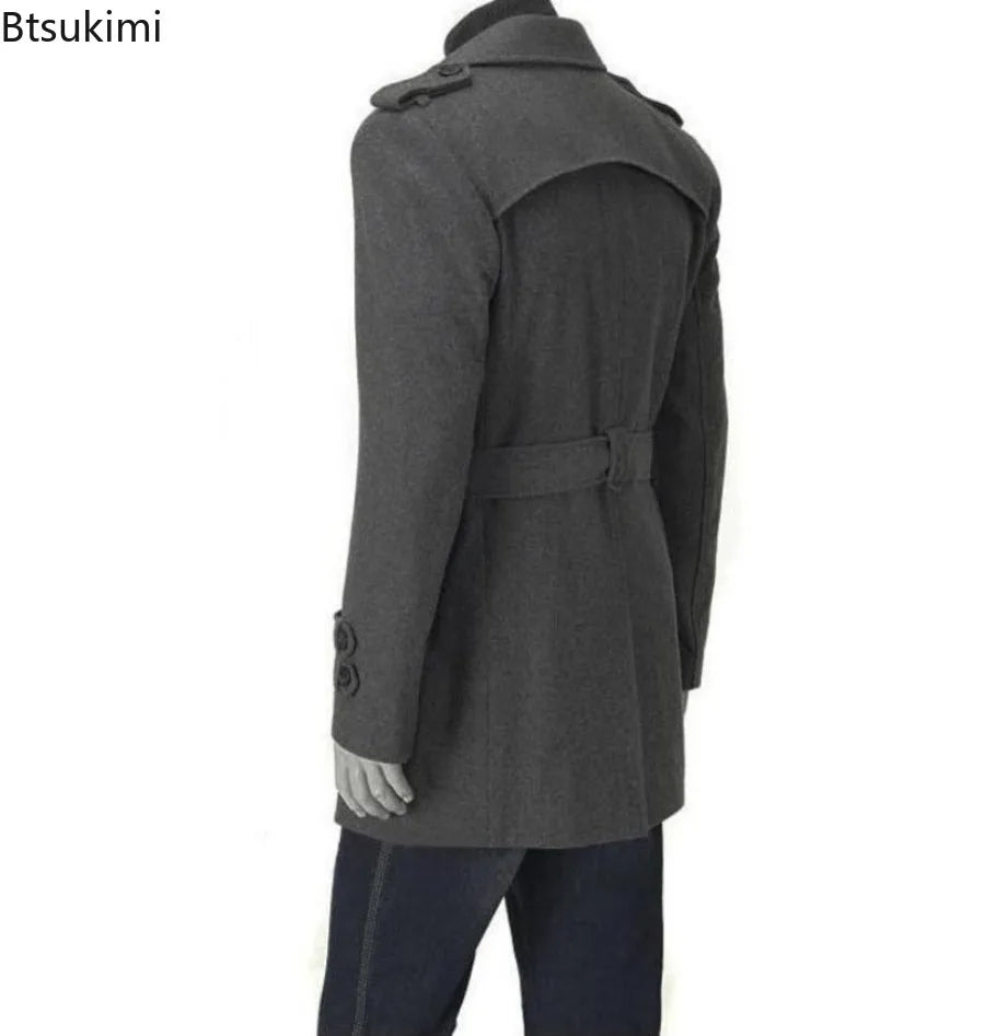 New Autumn Winter Men's Korean Woolen Overcoats Fashion Slim Double Breasted Lace-up Trench Coats Mid-length Windbreaker Jackets