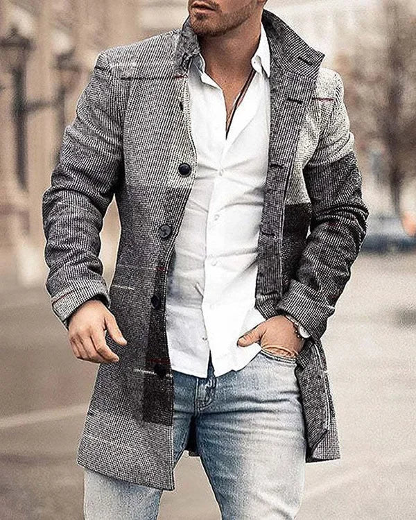 Autumn Winter Retro Print Woolen Coat Men Casual Single Breasted Lapel Long Sleeve Coat Men Fashion Loose Pocket Mid Long Jacket