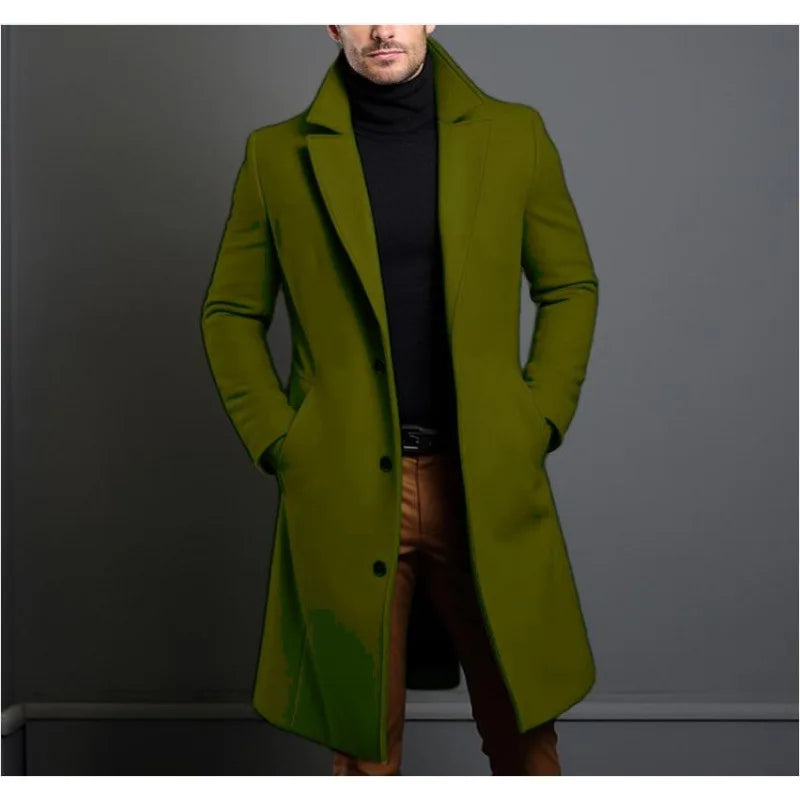 Woolen Coat Men's Long Solid Color Autumn Winter Woolen Coat Warm Youth Coat Trench Cardigan