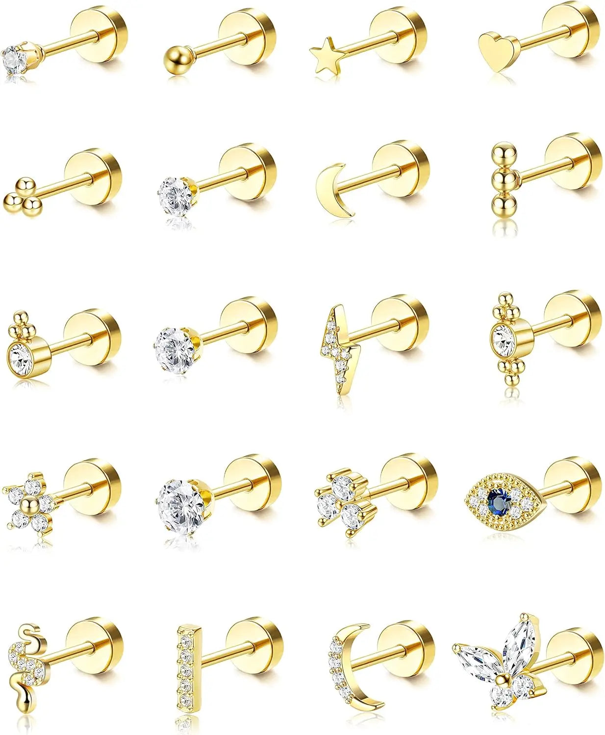Bobisty 20PCS 20G Small Hypoallergenic Flat Back Stud Earrings Surgical Steel Cartilage Earrings Tiny Ball Heart Star Studs Set
