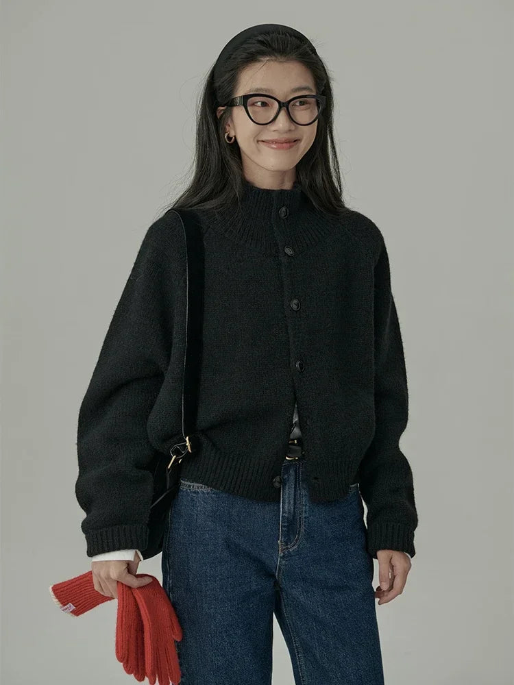 Loose Stand-up Collar Cardigan Women Retro Blue Single Breasted Casual Soft Knitwear Sweater Black Fashion Cardigan for Women