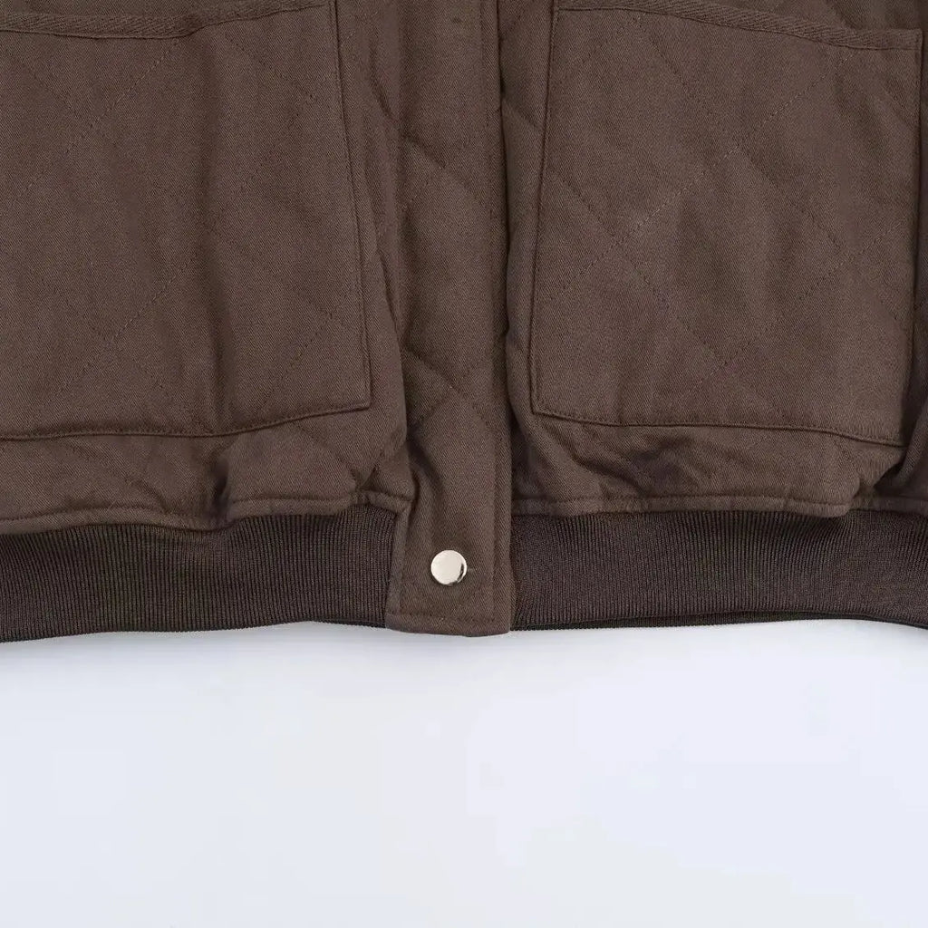 DiYiG WOMAN 2025 Autumn New Fashion Quilted Bomber Jacket Retro Long Sleeve Joker Pocket Casual Jacket Outerwear Mujer