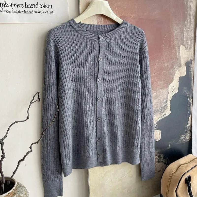 2025 Pure Color Long Sleeve Single Breasted Knitted Sweater Autumn Winter Women's Crew Neck Cardigan New Casual Versatile Tops