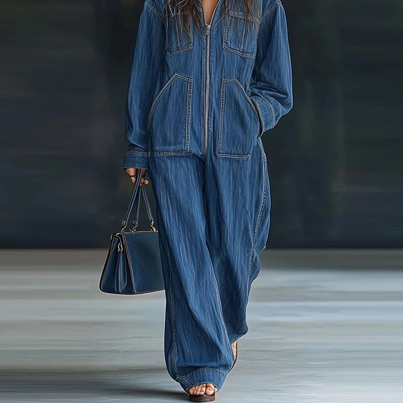 Fashion Zipper Solid Wide Leg Jumpsuits Autumn Hoodies Long Sleeve Pocket Playsuits Overalls Lady Loose Casual Commute Rompers