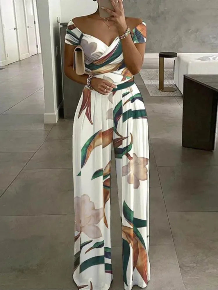 Fashion Print Jumpsuit Women's Short Off Shoulder V-Neck Wide Leg Pants Jumpsuits Female Office Womens Clothing Jumpsuit Summer