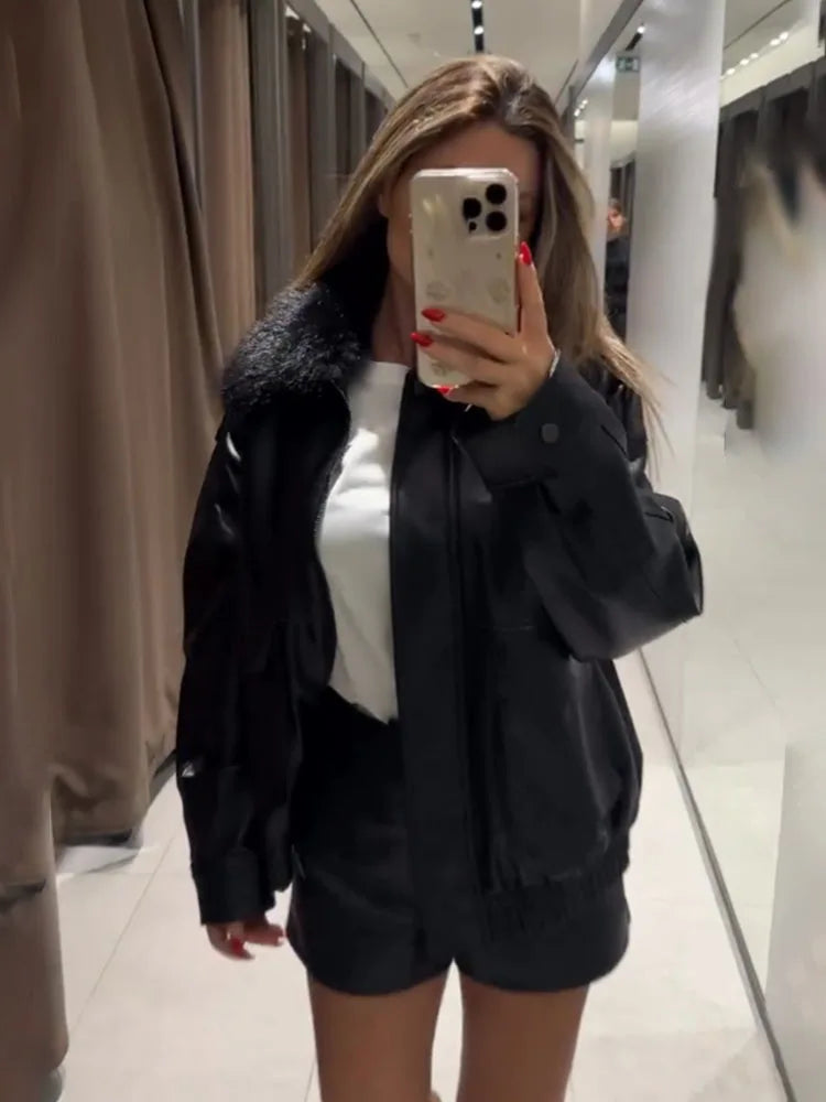 HH Women's Autumn New Fashion Jackets Black Fur-Trimmed Lapel Long Sleeves Pockets Zipper Female High Street Loose Coats