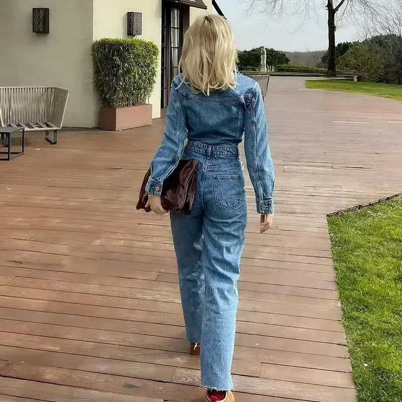 Autumn Denim Jumpsuit for Women Overalls Woman Jean Overalls Long Sleeve Elegant Jumpsuits Y2k Streetwear  Turn Down Collar