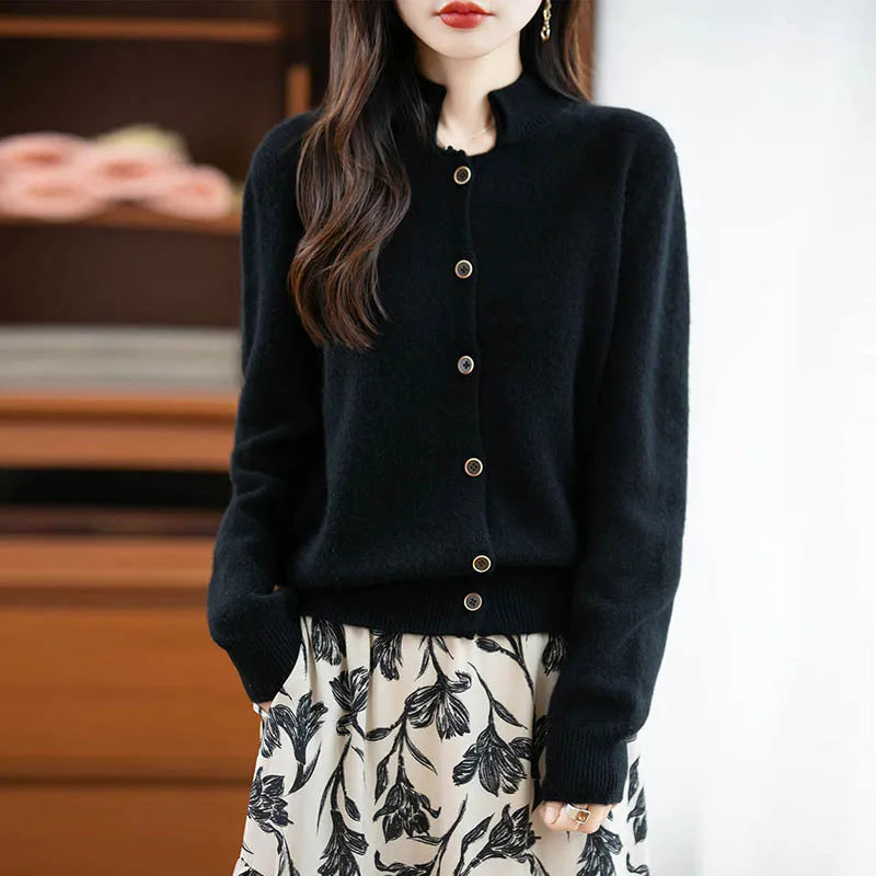 New Autumn And Winter 100% Merino Wool Women's H-neck Cardigan, 2025 Women's Clothing Knitted Korean Style Top YYY-2554