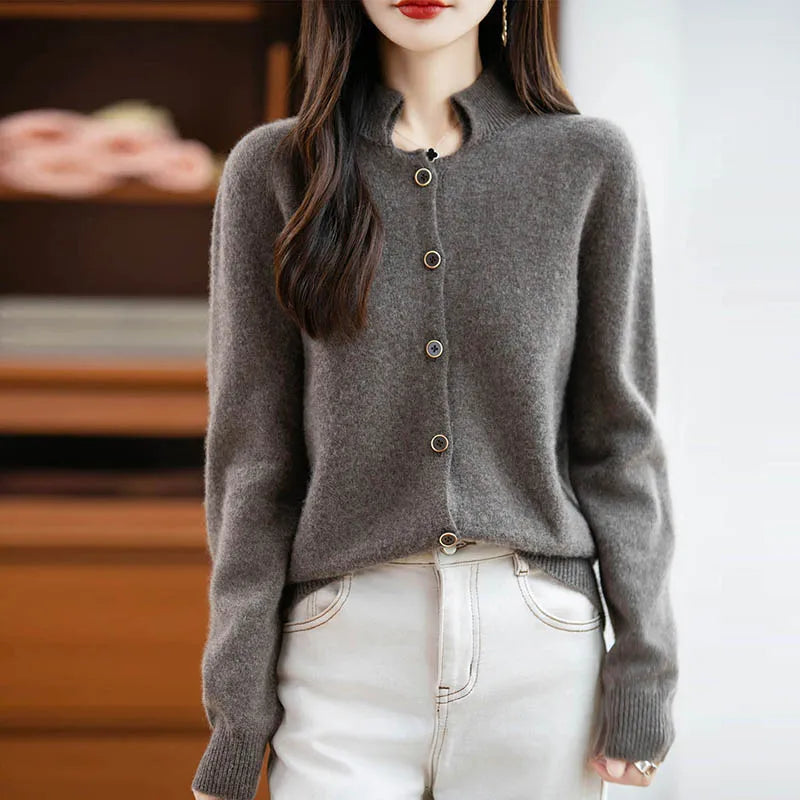 New Autumn And Winter 100% Merino Wool Women's H-neck Cardigan, 2025 Women's Clothing Knitted Korean Style Top YYY-2554