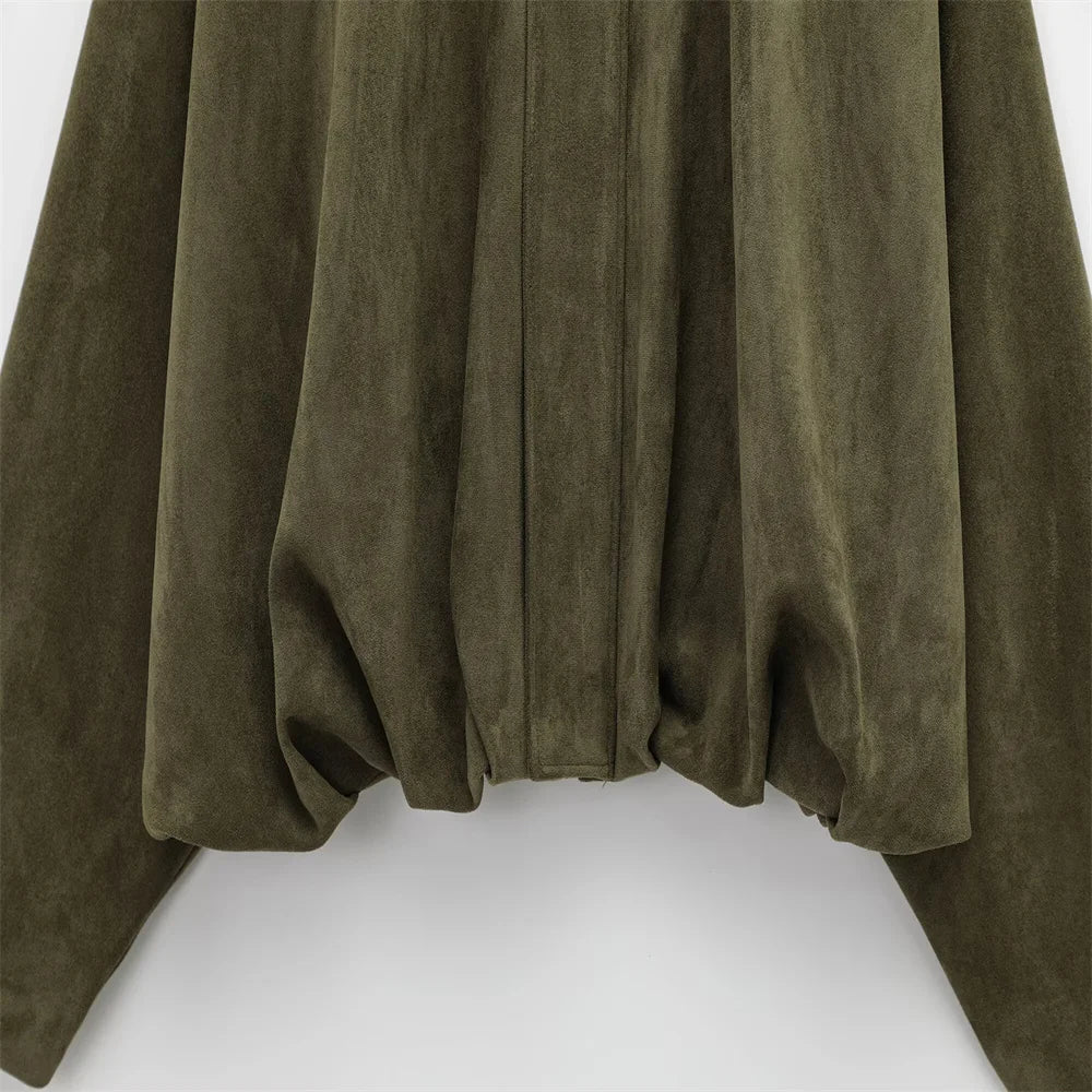 2025 Women Faux Suede Collared Jacket with Shoulder Straps Loose Fit Stylish Olive Green for Sale on