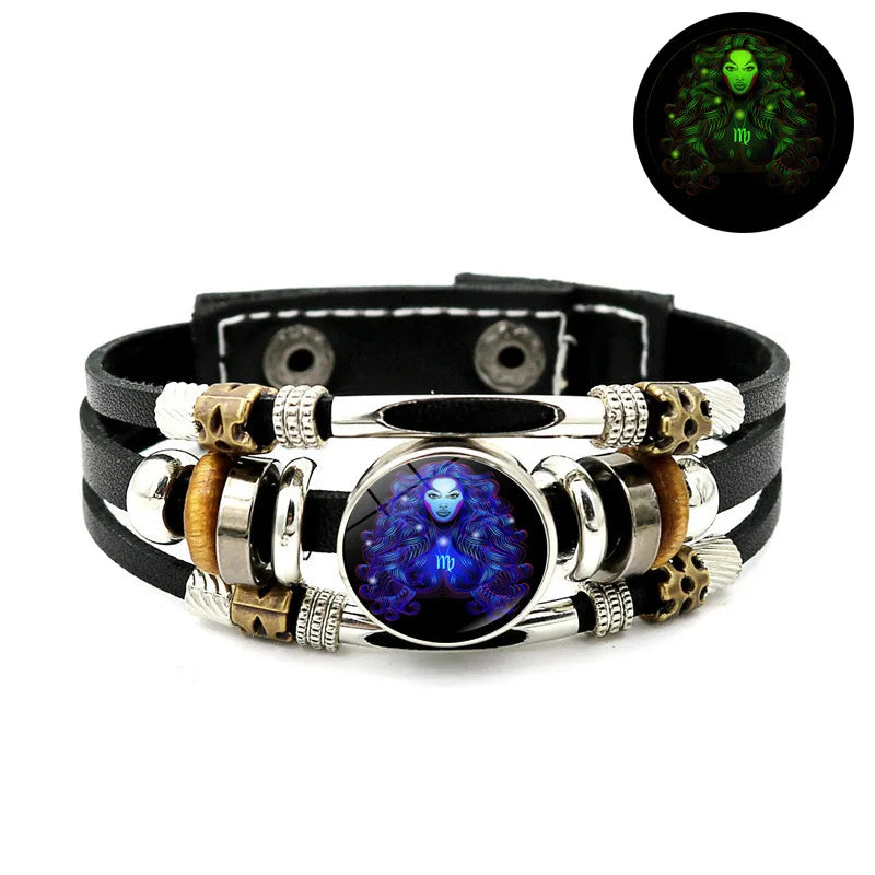 Constellations Luminous Leather Bracelet Retro Multi-layer Beaded Leather Bracelet Jewelry Gifts for Men Women Couples