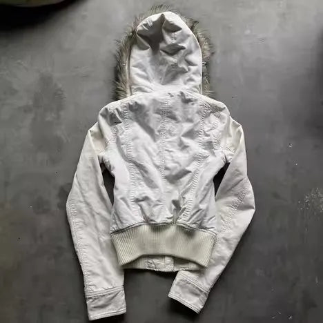 Gothic Y2K Vintage Fur Lined Hooded Jacket Womens White Button Zipper Coat with Faux Fur Trim Fashion Casual Warm Coats