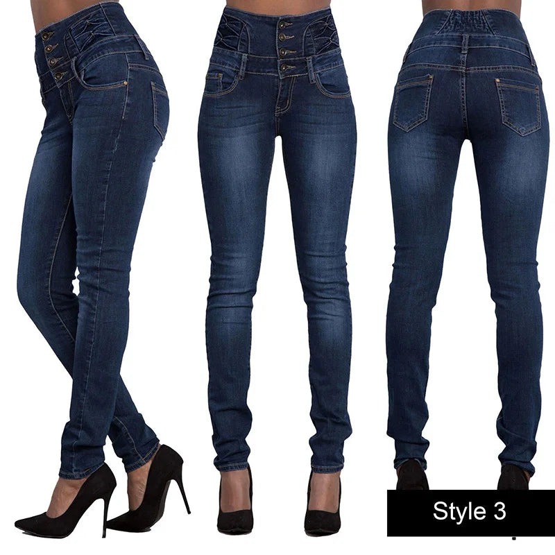Women Narrow Straight Leg Slim Wrap Hips Jeans Lady Vintage Pencil Long Pants Casual Button Stretch High Waist Skinny Trousers