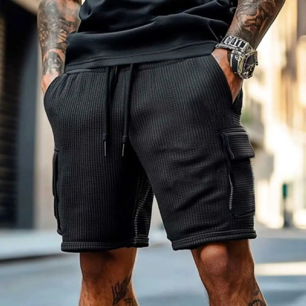 Mens Waffle Knit Cargo Shorts Vintage Surf Style Multi Pocket Workwear Elastic Drawstring Casual Beach Walking Summer