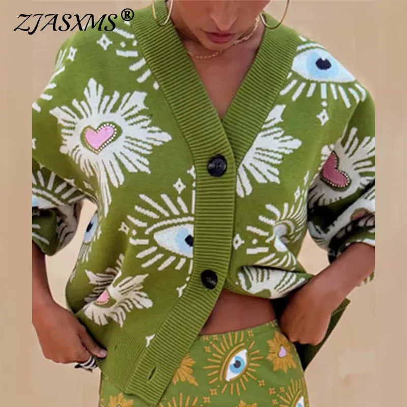 Vintage Geometric Print Sweater Cardigan Woman Elegant Single Breasted V Neck Jacket Autumn Long Sleeve Loose Knitwear Top Mujer