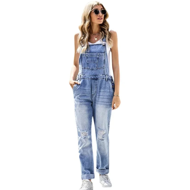 2024 Summer New Women's Strap Pants with Tears, Washed Slim Fit jumpsuit, Strap Pants, Women's Pants