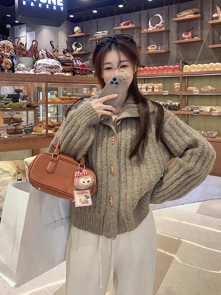 Vintage Horn Buckle Turtleneck Sweater Cardigan Jacket Winter Women's Elegant Loose Thickened Knitted Top