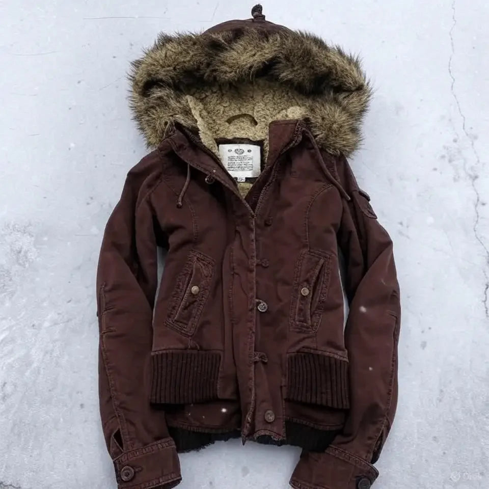 Gothic Y2K Vintage Fur Lined Hooded Jacket Womens White Button Zipper Coat with Faux Fur Trim Fashion Casual Warm Coats